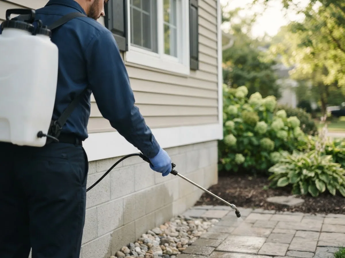 Pest control technician inspecting a home in Leachville, AR